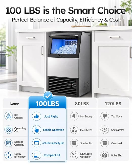 Mojgar Commercial Ice Maker Machine, 100lbs/24H with 33lbs Ice Storage Under Counter Ice Machine, Stainless Steel Built-in Freestanding Ice Maker Self-Cleaning for Home Bar