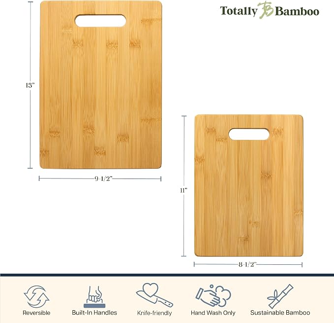 Totally Bamboo Cutting Board Set, 2 Reversible Cutting Boards for Kitchen | Large and medium wood chopping boards. Everyday prep for produce, meat, fish and poultry. Built-in handle holes for storage.