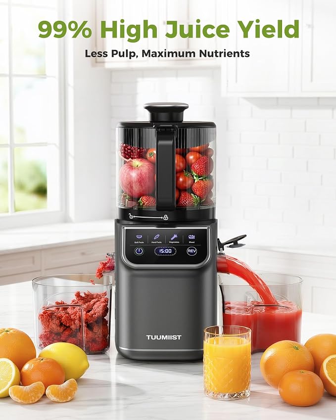 TUUMIIST 3-in-1 Cold Press Juicer Machine, Smart Touch Masticating Juicers for Whole Fruit & Vegetable, 6.5" Wide Chute Slow Juicer for Nut Milk & Sorbet, High Yield, Easy Clean (Gun Grey)