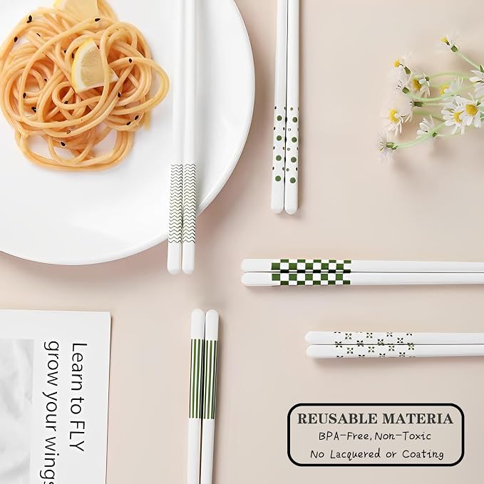 Ceramic Chopsticks Reusable 5 Pairs,Porcelain Chop Sticks,Green,9.7'' | Easy to Clean,Dishwasher Safe,Heat Resistant,with a Gift case,Cooking Chopsticks,High-grade Bone China Porcelain