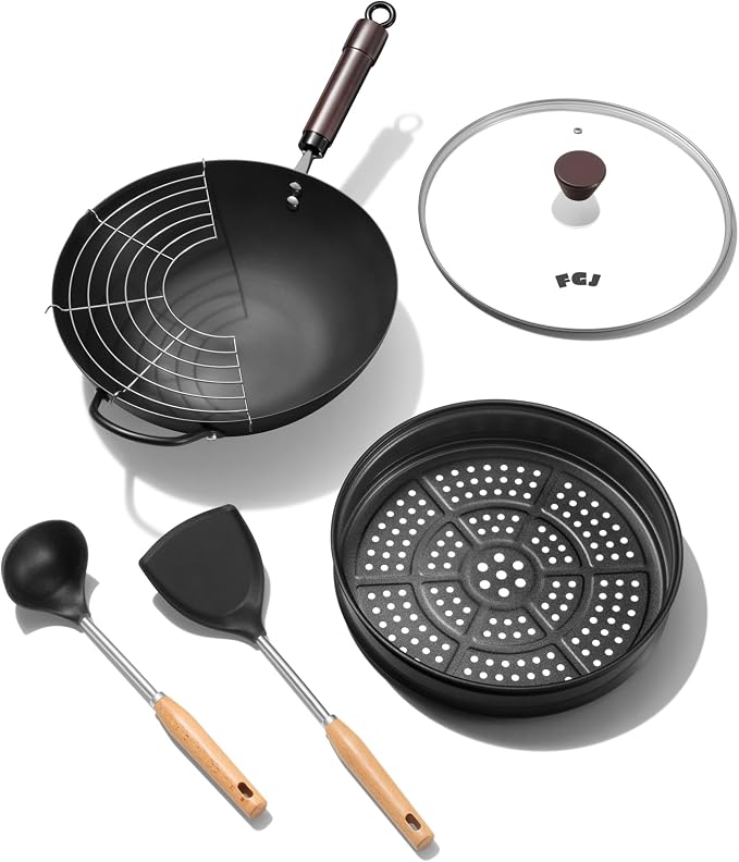 FGJ Wok, 13 Inch Carbon Steel Wok Pan Set 6PCS & Stir-fry Pans Nonstick, Pre-Seasoned 5.8QT Flat Bottom Chinese Woks Roasting Pan Set, Carbon Steel Cookware, Compatible with All Cooktops
