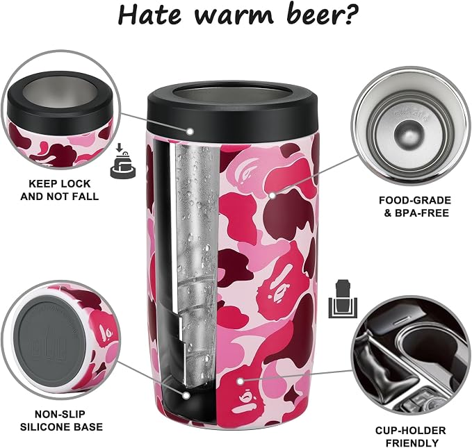 4-in-1 Slim Can Cooler Easy to Hold Insulated Beer Can Holder Double-walled Stainless Steel for All 12 Oz Cans (Camouflage Pink)