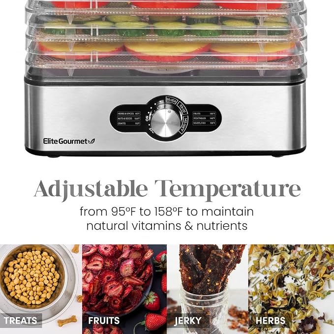 Elite Gourmet EFD3321 Food Dehydrator, Stainless Steel Trays & Finish | Adjustable temperature controls - makes jerky, herbs, fruit & veggies into dried snacks - doubles for meat & herb drying too