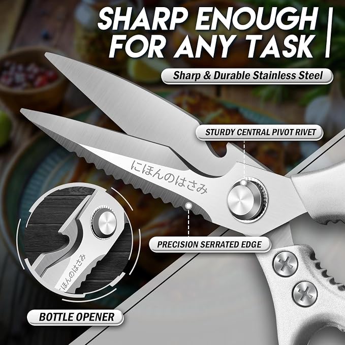 TIJERAS Kitchen Scissors Shears Set - 2PCS Stainless Steel Sharp | Meat & Heavy Duty Poultry Sharp Shears, Dishwasher Safe, Japanese Cooking Scissor for Food Chicken, Gifts for Women, Silver