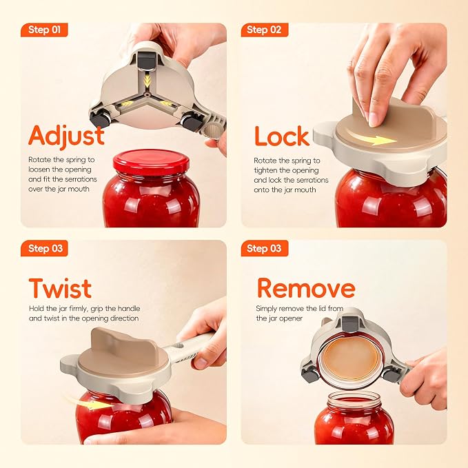 4-In-1Jar Opener,Jar Openers For Seniors,Adjustable Jar Opener Fits 1-3.5 Inch Bottle Caps,Perfect or Arthritis and WeakHands,Works Beer,Sauces,Canned Goods(Included Magnetic Hook)