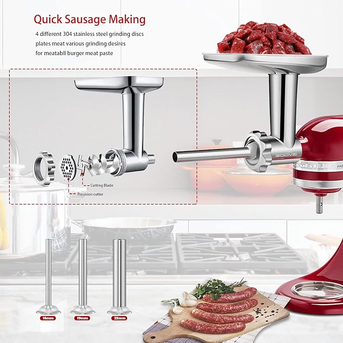 Stainless Steel Meat Grinder Attachment for KitchenAid Stand Mixer,Meat Grinder for KitchenAid Mixer Includes 3 Sausage Stuffer Dishwasher Safe Attachment by Gvode | Dishwasher Safe, Meat Grinder Attachment for KitchenAid Stand Mixer Includes 4 Grindin...