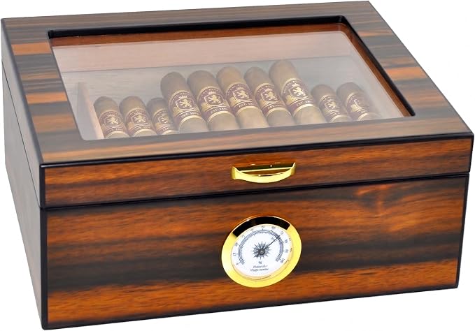 Cigar Humidor - Holds 25-50 Cigars - Spanish Cedar Wood - Tempered Glass Top Display - Metal Handle, Divider, Humidifier, Hygrometer - Santos Rosewood