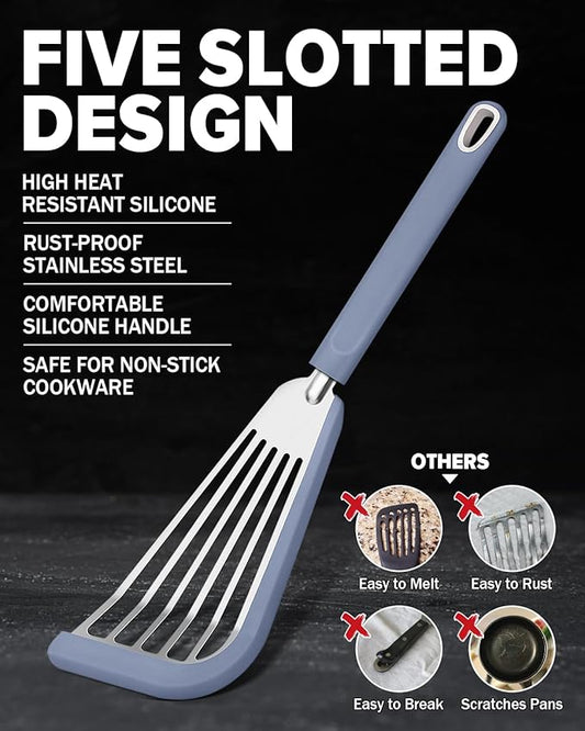Silicone Fish Spatula Turner Set of 2, Thin Slotted Spatulas Turner for Nonstick Cookware,Heat Resistant Flexible Stainless Steel Kitchen Cooking Spatula Flipper for Fish, Egg, Pancake (BG)