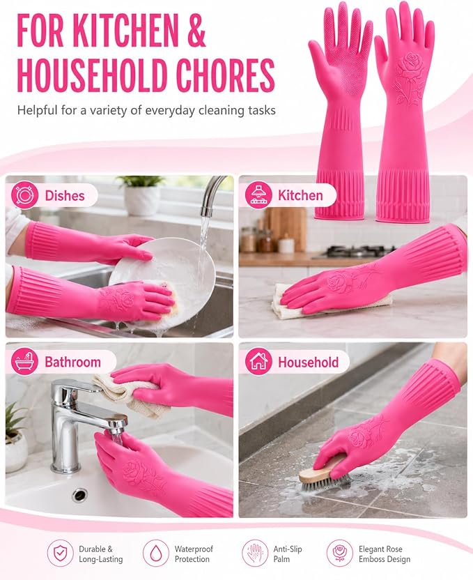 Disfore Rubber-Gloves Dishwashing Gloves for Cleaning-Kitchen - 2 Pairs Long Household Cleaning Gloves for Washing Dishes