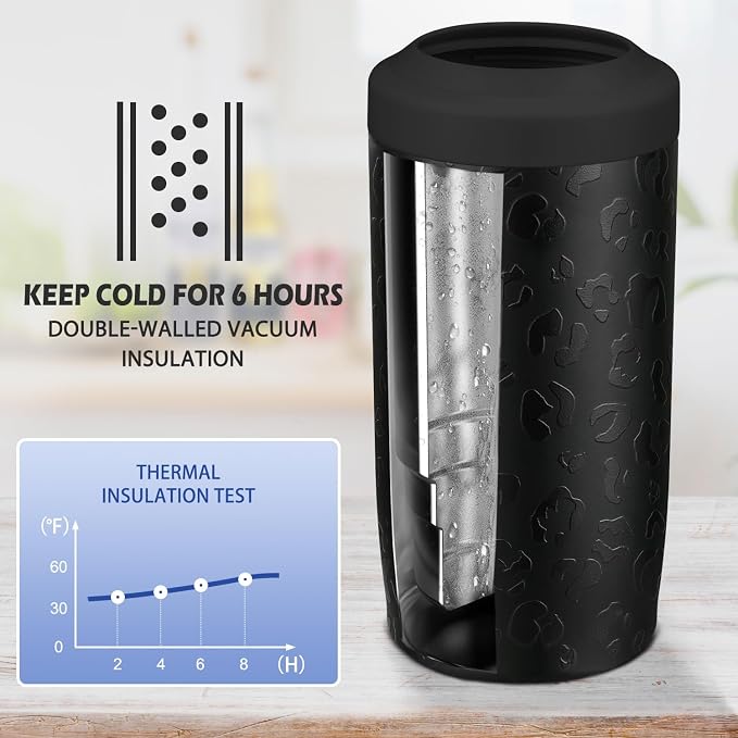 Itslife 4-in-1 Slim Can Cooler Easy to Hold Insulated Beer Can Holder Double-walled Stainless Steel for All 12 Oz Cans Gift Fathers Day Gifts for Dad (Black Leopard)