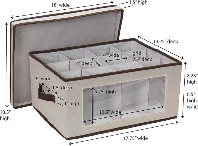 Household Essentials Wine Glass Storage Box in Strong Frame, Handles, Windowed Panel and 12 Compartments, Cream with Brown Trim