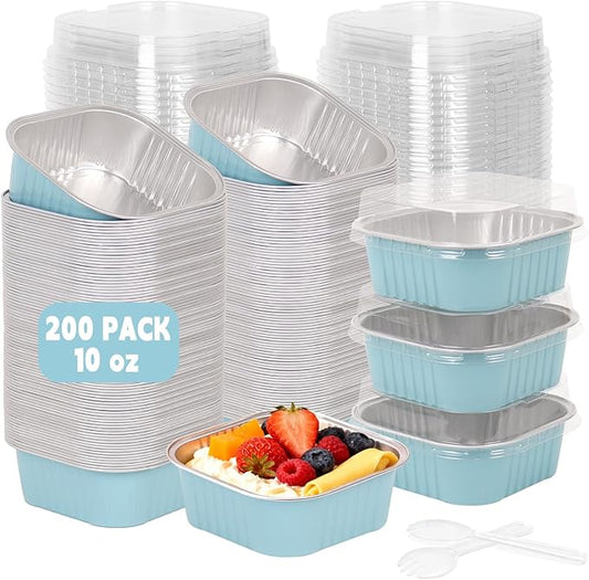 200 Pack 10 oz Square Mini Cake Pans with Lids, Mini Loaf Pans with Lids, Aluminum Foil Square Brownie Baking Cups for Ramekins Muffin Cupcake Wedding Birthday Party (Blue)