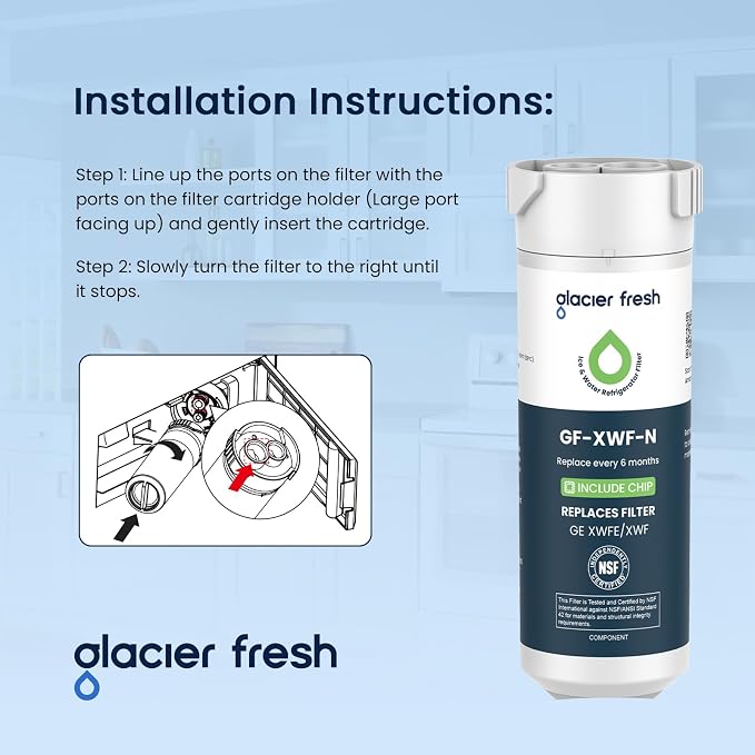 GLACIER FRESH XWFE (Built-in CHIP) Refrigerator Water Filter Pack of 3 | Replacement for GE XWFE, XWF Refrigerator Water Filter NSF/ANSI 42 Certification