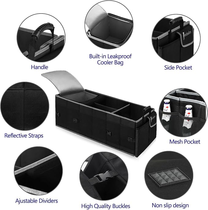 Trunk Organizer and Storage with Built-In Insulated Leak Proof Cooler Bag | Collapsible Cargo Organizer for SUV with Non Slip Strips, 3 Large Compartments Foldable Waterproof Portable Car Storage Box
