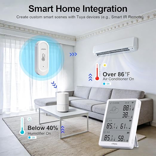eMylo WiFi Thermometer Hygrometer with 2 IP65 Outdoor Sensors, 328Ft Range | Digital Temperature Humidity Monitor with App Alerts, Free Data Export, Indoor Thermometer for Home, Greenhouse, Wine Cellar﻿