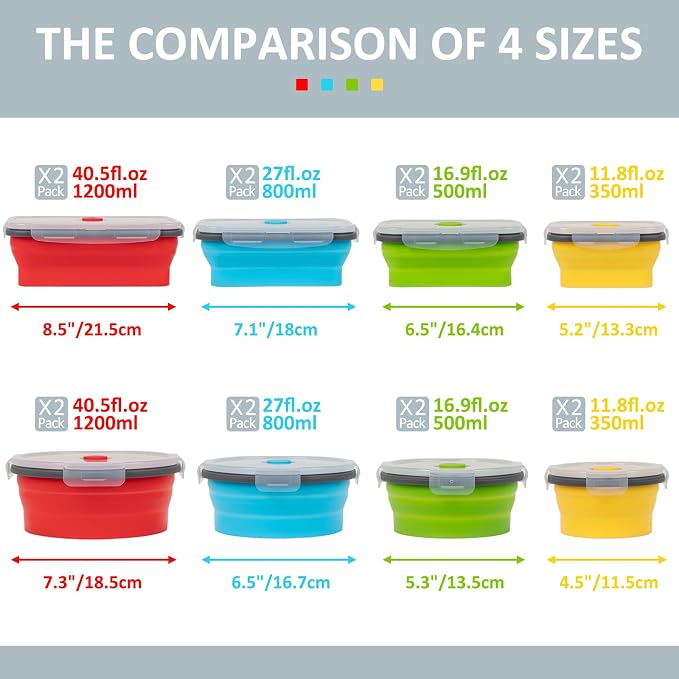 Collapsible Silicone Food Storage Containers Set with Lid & Air Vent, Foldable Lunch Containers, 8 Pack (4 Rectangular + 4 Round Bowls), BPA-Free, Space-Saving