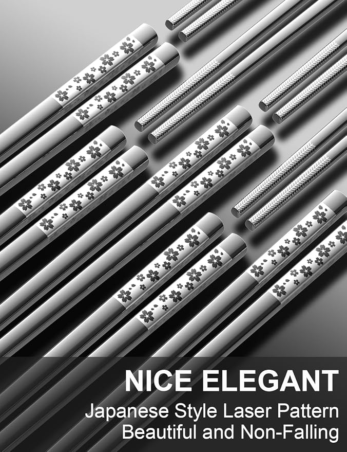 FOFAYU 5 Pairs Metal Chopsticks Reusable 18/8 stainless steel Chopsticks Japanese Style Dishwasher Safe Lightweight Non-Slip Chop Sticks 9 1/4 Inches Present Set