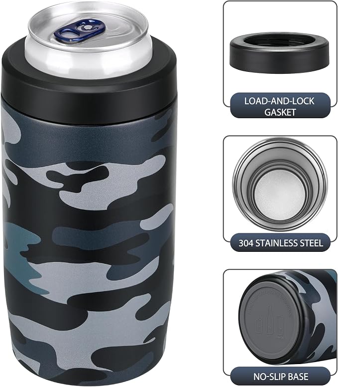 MAXSO Slim Can Cooler, 4-in-1 Double Walled Stainless Steel Insulated Beer Can Holder, Works With All 12 Oz Cans,Bottles & As A Pint Cups - Camouflage