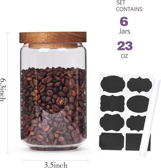 Set of 6 Glass Pantry Storage Jars with Wood Airtight Lid - 23oz Thicken Glass Kitchen Canisters with Reuse Labels&Pen - Glass Food Storage Containers with Wood Lid for Tea,Sugar,Cookie,Coffee