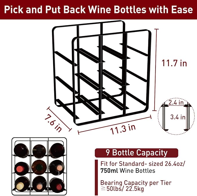Buruis 9-Bottle Wine Rack, Modern Metal Countertop Wine Holder Stand for Kitchen, Pantry & Cabinet Storage, No Assembly Required, Black