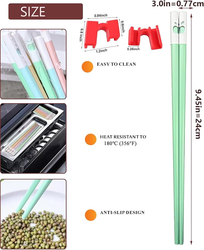 10 Pairs Reusable Training Chopsticks for Beginner, 9.45 Inch Fiberglass Chop sticks Helper, Japanese Chopsticks Dishwasher Safe, Non-Slip, Easy to Use