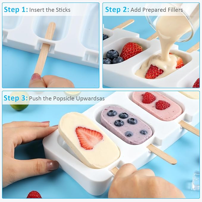 3 Pack Popsicles Molds, Silicone Popsicle Molds 4 Cavities Homemade Ice Cream Largre Oval Cake Pop Mold with 100 Wooden Sticks for DIY Pop,Cakesicles, Cake Pops