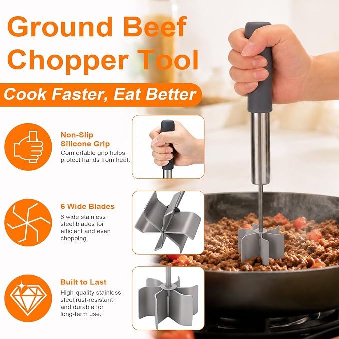 Palksky Stainless Steel Meat Chopper with 6 Wide Blades, Heavy Duty Ground Beef Masher & Meat Smasher Tool, Heat Resistant Silicone Handle Hamburger Smasher for Cast Iron & Metal Pans