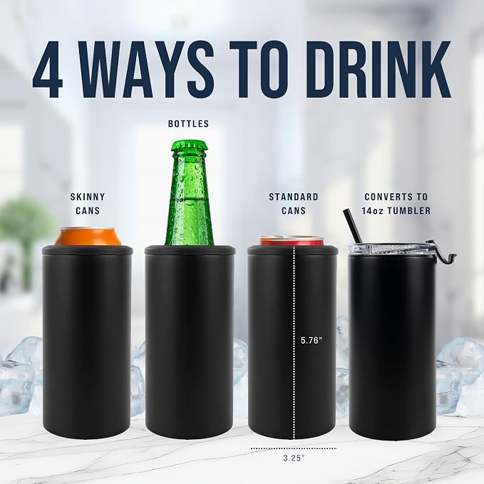 4 in 1 Universal Can Cooler - Black, Can Holder Insulated, Beer Bottle Cooler, Universal Holder for All Drink Sizes, Stainless Steel Insulated Tumbler, Tailgating Accessories