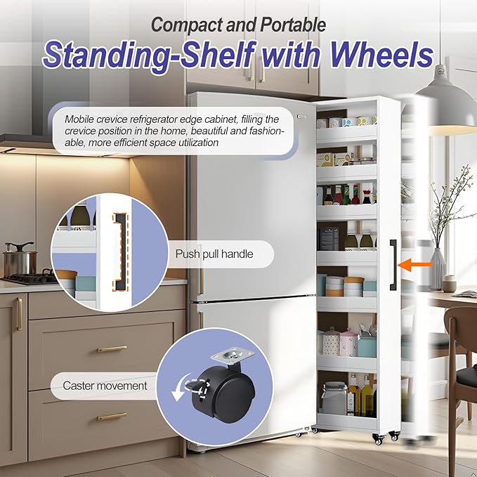 7-Tier Slim Storage Cart, Wooden Rolling Pantry Cabinet with Wheels, Narrow Shelf Organizer for Kitchen, Bakers Rack, Dining Room, Closet, Small Spaces Warm White 73.2''H*9.8''W*19.6''D