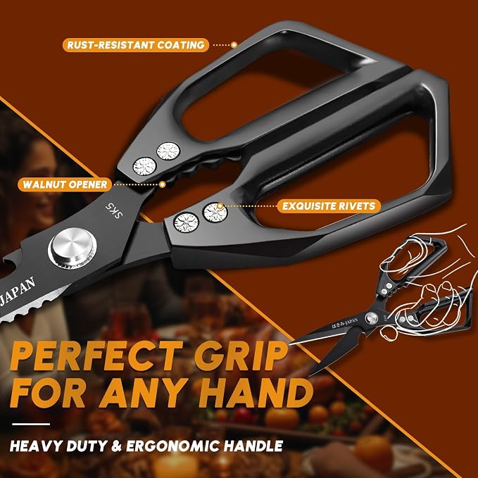 Huusk Kitchen Scissors Japanese Stainless Steel, 2 Pack Kitchen Shears Set | Multifunction Cooking Scissors for Meat, Fish, Chicken Bones, Turkey, Ergonomic Handles, Dishwasher Safe, Gifts for Women