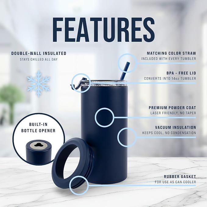 4 in 1 Universal Can Cooler - Navy Blue, Can Holder Insulated, Beer Bottle Cooler, Universal Holder for All Drink Sizes, Stainless Steel Insulated Tumbler, Tailgating Accessories