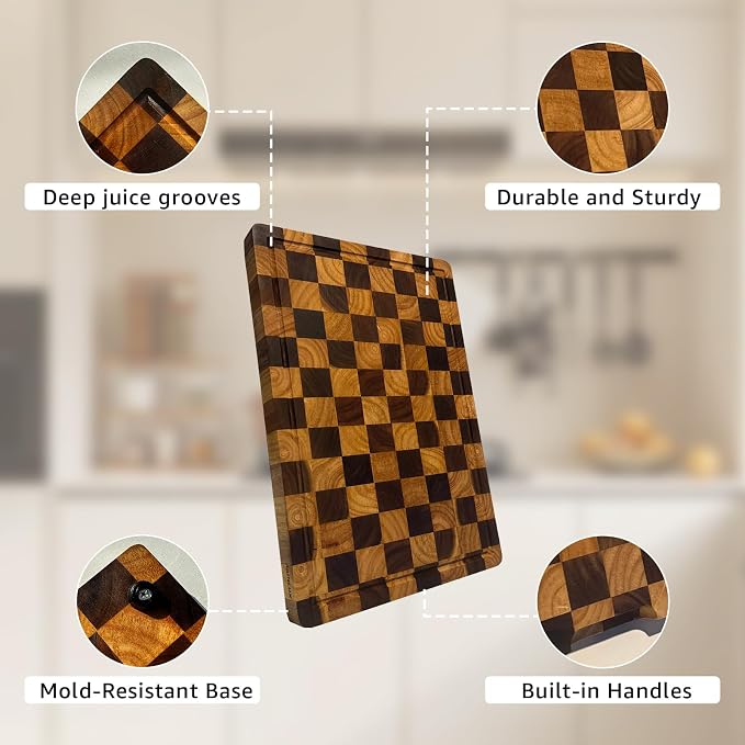 Acacia Wood Cutting Boards for Kitchen, Checkered Chopping Board with Juice Grooves & Handles, Large Butcher Block Serving Tray with Non‑Slip Feet, 17" × 12" × 1.5"