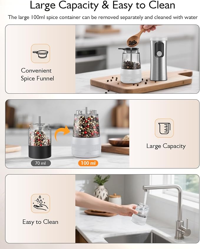 Electric Salt and Pepper Grinder Set, Upgraded 2-Speed Setting, External 5 Adjustable Coarseness, Battery Display Rechargeable Base, Stainless Steel Automatic Salt & Pepper Shaker Mill with LED, White