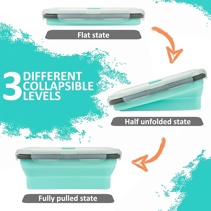 Collapsible Silicone Food Storage Containers Set with Lid & Air Vent,Foldable Lunch Containers(4PCS,Light Turquoise,27oz)