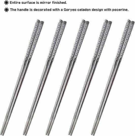 Chopsticks [Made in Korea][5 Sets] 430 Premium Stainless Steel Chopsticks, Mukbang Kitchen Utensil, Cutlery Silverware Stainless Tableware (Goryeo Celadon White)