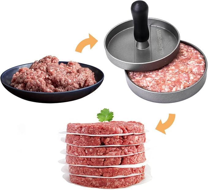 Hamburger Press Patty Maker Cast Aluminium + 100 Non-Stick Papers, Quarter Pound Burger Press Metal Burger Mold Presser, 1/4 lb, 4.5 inch