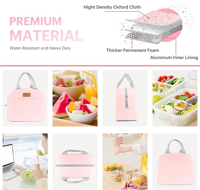 Lunch Bag for Women & Men Adult Insulated Lunch Box, Small Leakproof Cooler Food Lunch Containers Reusable High Capacity Lunch Tote Bags for Work, Travel, Outdoor - Light Pink