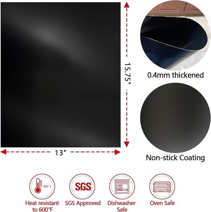 UBeesize 2 Pack 0.4mm Extra Thick 600 Degree Non Stick BBQ Grill Mat & Baking Mats, Dishwasher Safe, Easy To Clean, Black