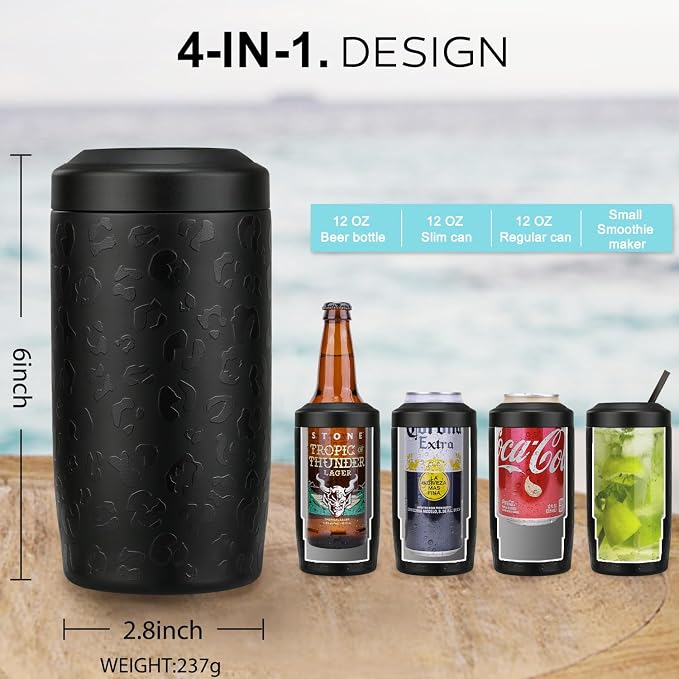 Itslife 4-in-1 Slim Can Cooler Easy to Hold Insulated Beer Can Holder Double-walled Stainless Steel for All 12 Oz Cans Gift Fathers Day Gifts for Dad (Black Leopard)