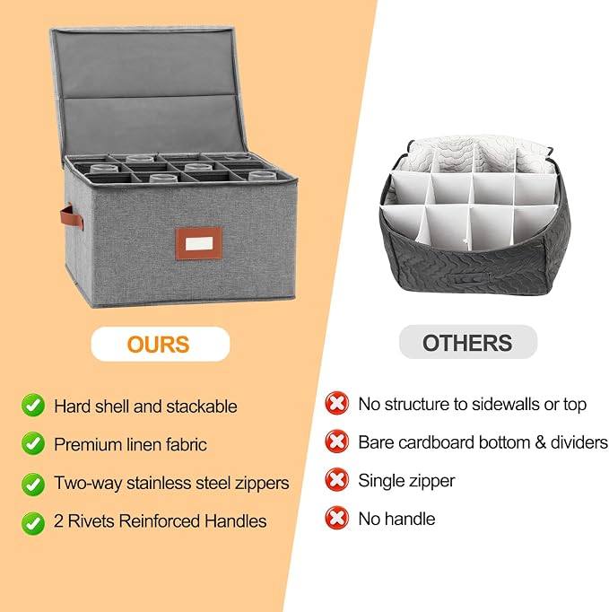Wine Glass Storage Box with Dividers, Stemware Storage Containers for Glassware or Crystal, China Storage Containers Hard Shell, Moving Supplies, Hard Top, Sides and Stackable (2 Pack, Grey)
