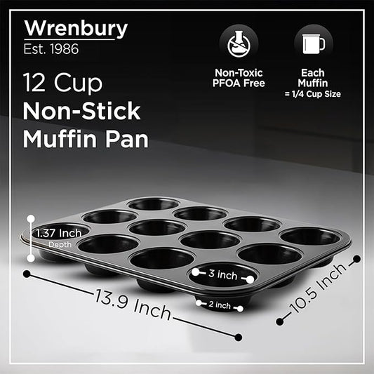 Wrenbury Non Stick Muffin Pan for Baking 12 Cup - Non Toxic Deep Cupcake and Yorkshire Pudding Tin - Even Bakes, Easy Clean, Warp Resistant - 3" Cup