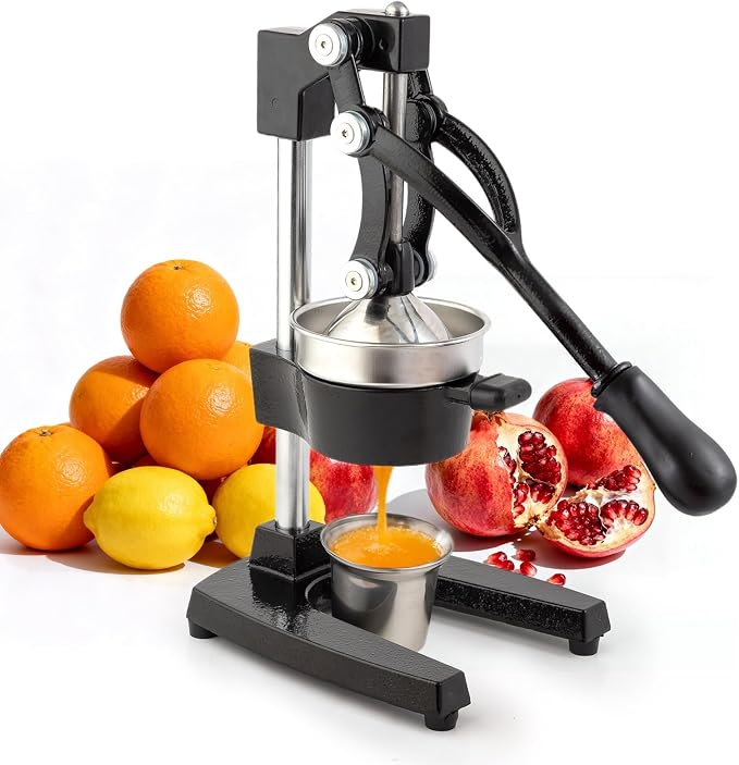 Manual Cast Iron Lemon Squeezer, Black Citrus Juicer | Detachable Cone, Free Stainless Steel Cup, Extracts Juice from Lemons, Oranges and Grapefruits, Easy to Clean