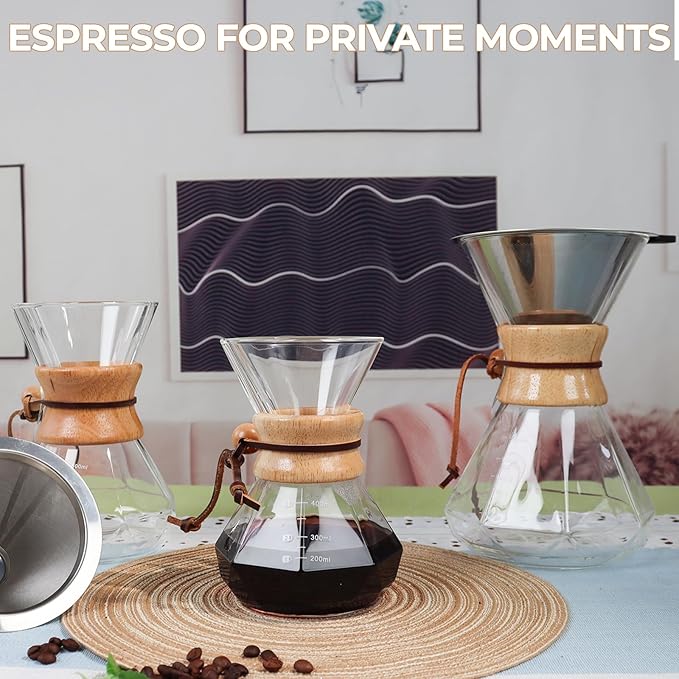 Pour Over Coffee Maker 1000ml with 304 Stainless Steel Filter and Wooden Collar Holder Borosilicate Glass Drip Coffeemaker Server Set Clear Hand Brew Dripper Carafe for Home Camping Travel 33.8oz