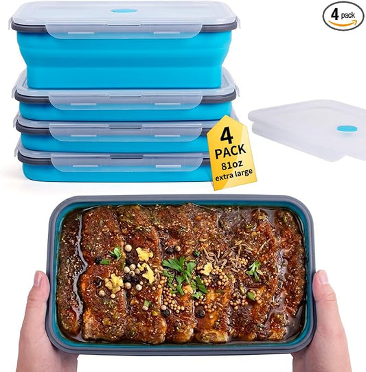 Extra Large Collapsible Food Storage Containers with Lid & Air Vent, 81 oz, 4 Pack, XXL Collapsible Marinade Container BBQ Prep Foldable Silicone Containers, Microwave Freezer Dishwasher Safe, Blue