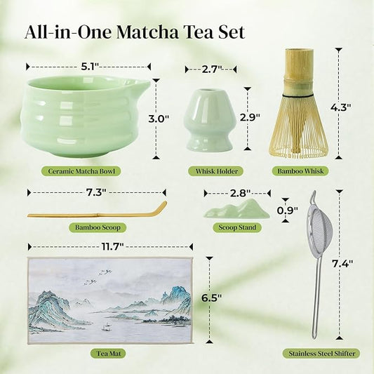 DOWAN Matcha Whisk Set, 7 Pcs Matcha Set Includes Bowl with Spout, Whisk and Holder, Bamboo Scoop and Holder, Sifter and Tea Towel - 7 Pcs Matcha Kit Gift for Lovers Beginners, Christmas (Green)