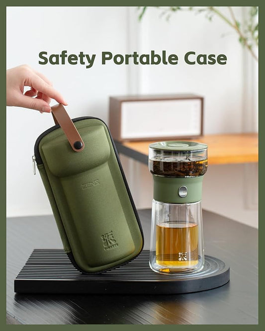 ZENS Modern Glass Infuser Teapot, Smart One Touch Tea Maker for Loose Tea Diffusers with Insulated Mug and Portable Case, Enchanted Teapot Alternatives for Tea Lover Gifts
