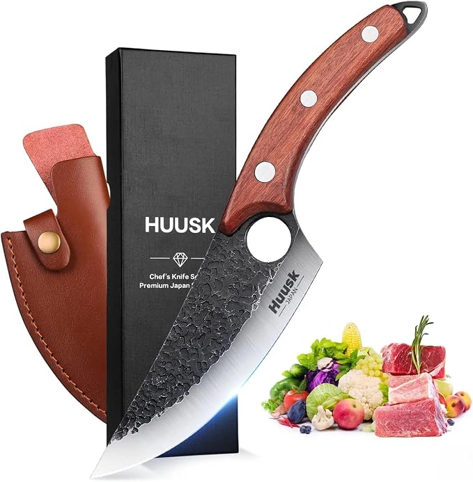 Huusk Hand Forged Viking Knife with Sheath for Kitchen Camping BBQ | Japanese Butcher Knife for Meat Cutting, High Carbon Steel Chef Knives with Ergonomic Wood Handle, Gifts for Men