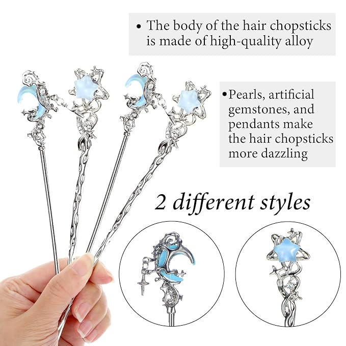 4Pcs Star Moon Hair Sticks, Silver Metal Chinese Hair Chopsticks Hairpins, Vintage Moonstone Hair Bun Updo Holders for Women Girls Hanfu Asian Decorative Accessories