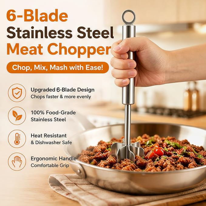 Meat Masher Dishwasher Safe, 304 Stainless Steel Meat Chopper,6-Blade Swirl Ground Beef Smasher,10 Inch Heavy Duty Potato & Hamburger Masher Tool (with Brush）