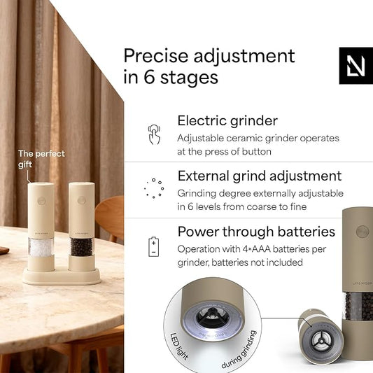 LARS NYSØM Electric Salt and Pepper Grinder Set I Automatic Salt and Pepper Mills with Adjustable Ceramic Grinder I AAA-Battery Operated Electric Spice Mill Set (Taupe Brown)